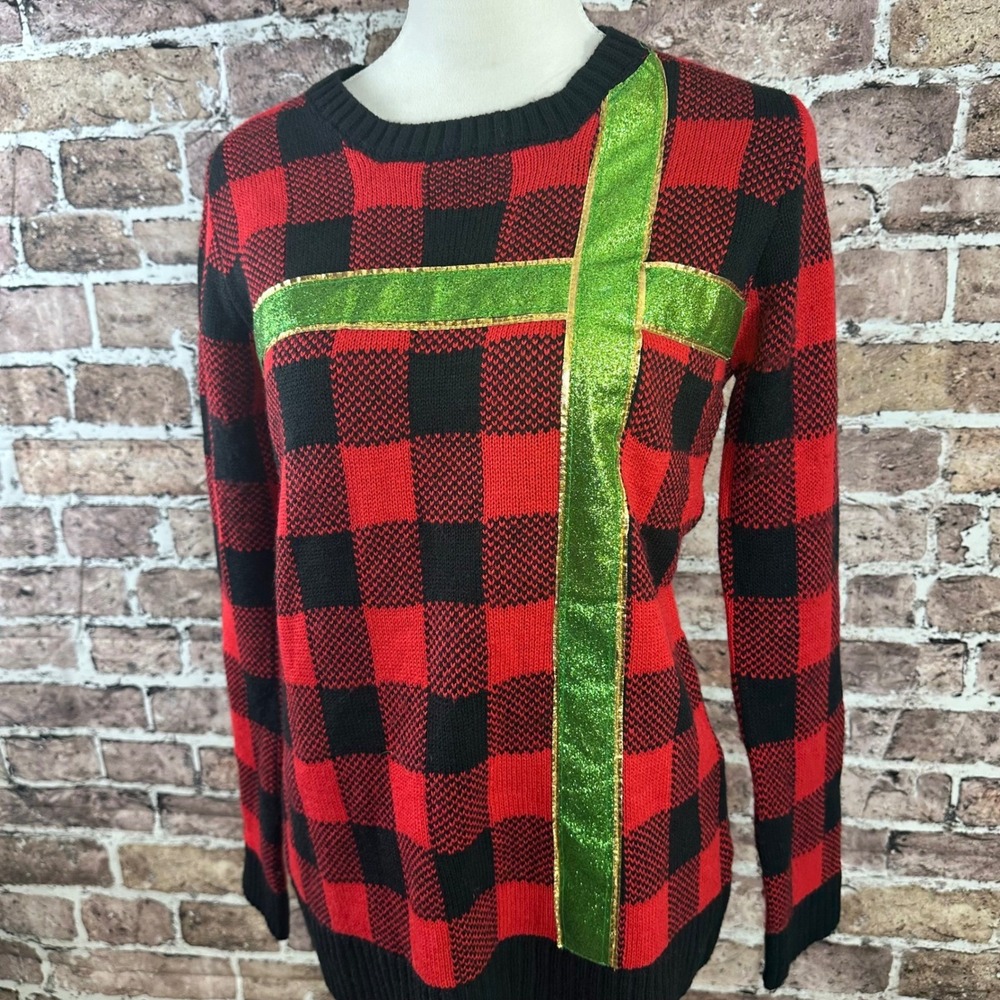Joyland Women's Red Black Buffalo Plaid Ugly Christmas Sweater Gift Wrap M